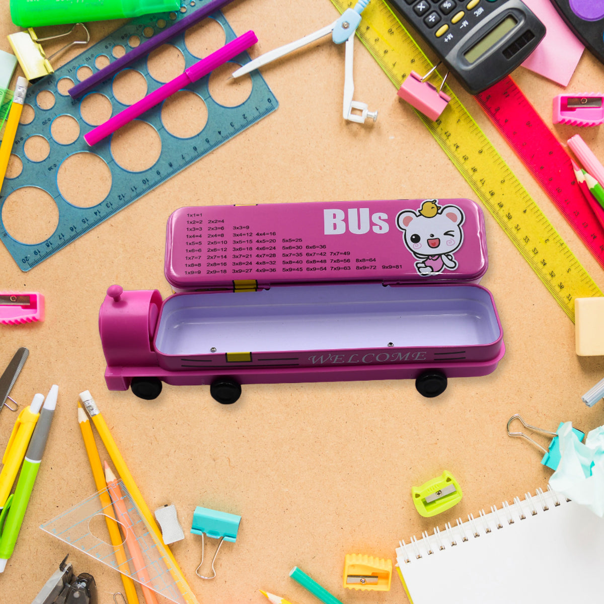 Double Decker Magic Bus Compass 2 Layer Metal Bus Compass Pencil Case With Movable Wheels  Sharpener Bus Shape With Tiers Metal Pencil Box For Kids Birthday Party