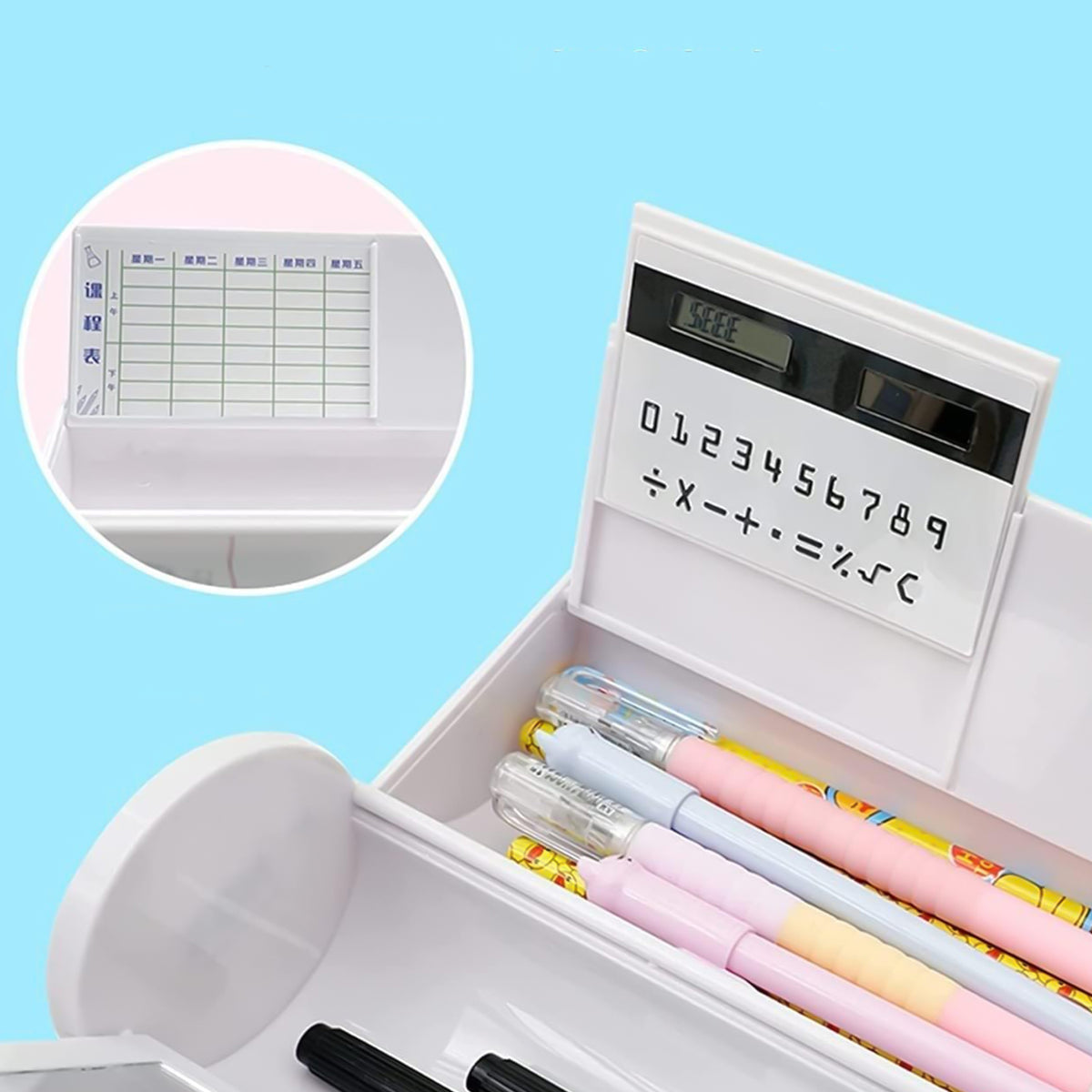 8 in 1 Compass Box, Geometry Box 2 Compartment, Pencil Box with 1 Calculator, 1 Mirror, 2 Marker for Boys Art Plastic Pencil Box