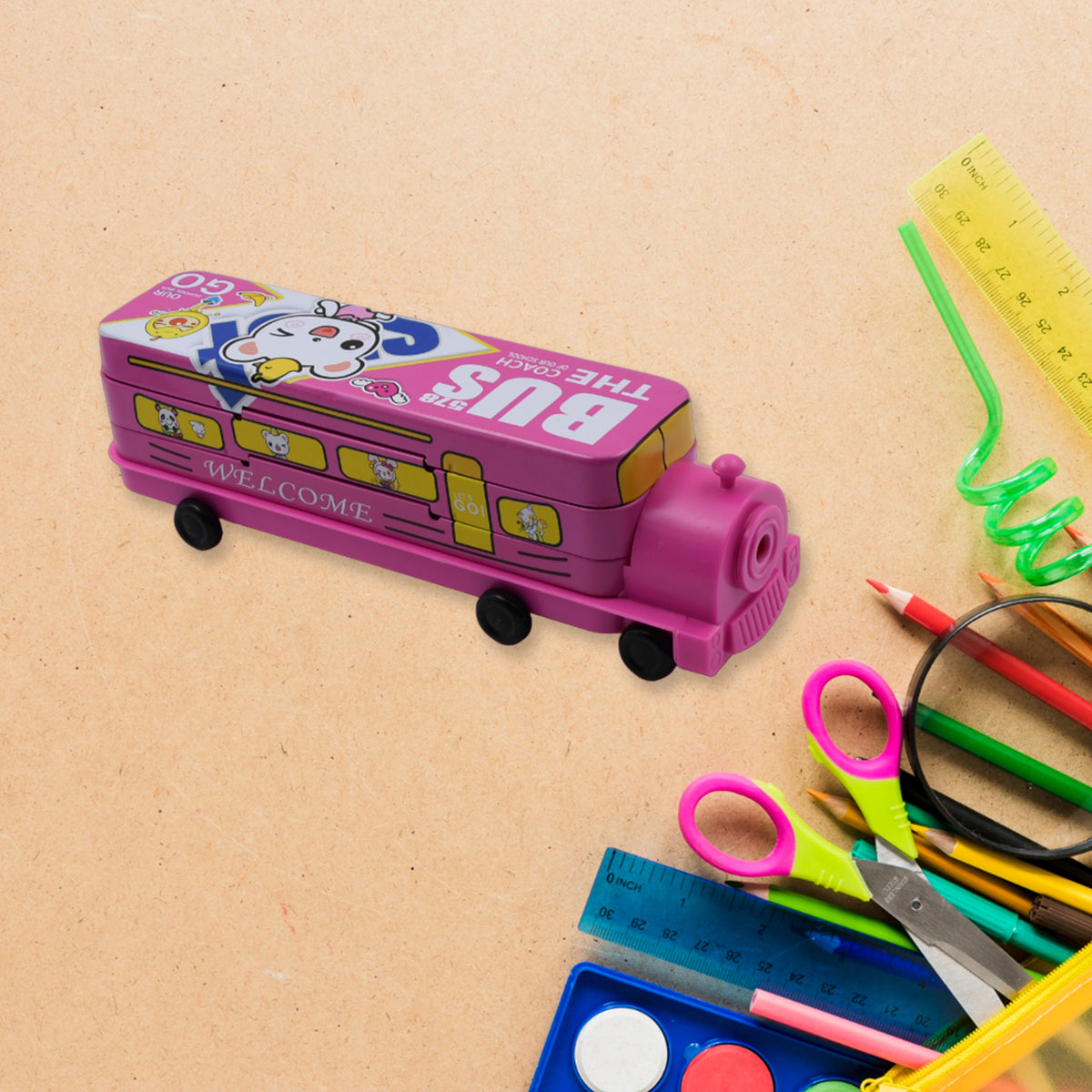 Double Decker Magic Bus Compass 2 Layer Metal Bus Compass Pencil Case With Movable Wheels  Sharpener Bus Shape With Tiers Metal Pencil Box For Kids Birthday Party