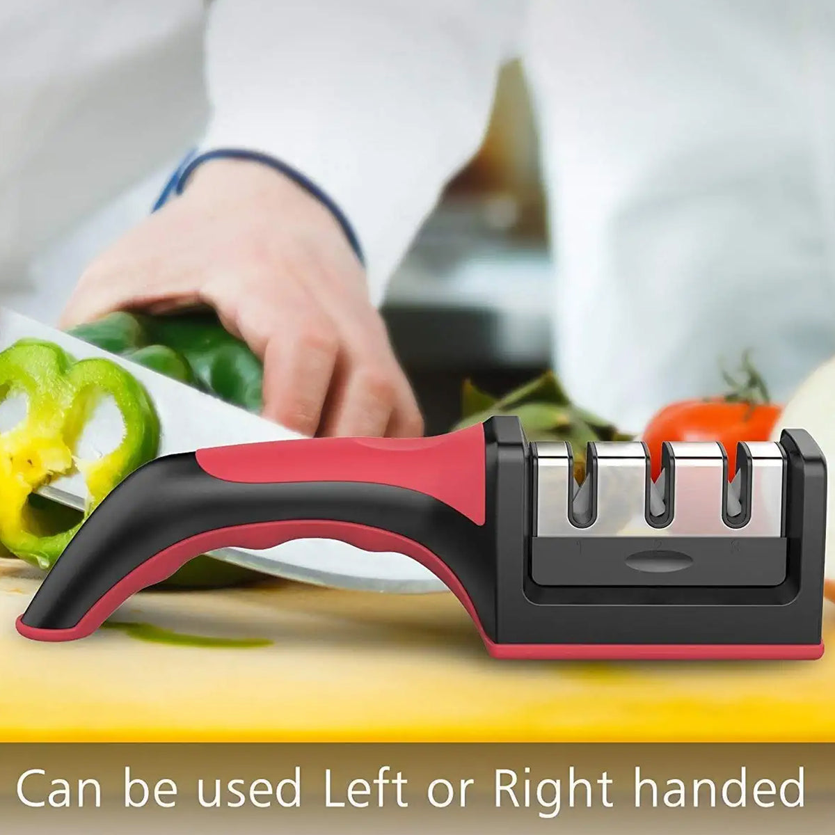 Manual Red Knife Sharpener 3 Stage Sharpening Tool For Ceramic Knife And Steel Knives.