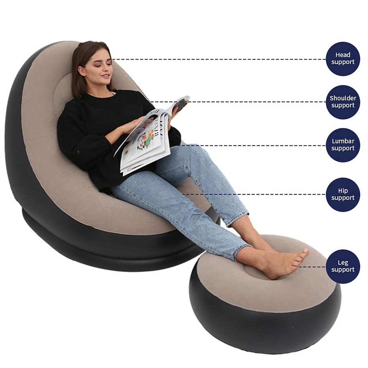 Inflatable Sofa Lounge Chair Ottoman Blow Up Chaise Lounge Air Sofa Indoor Flocking Leisure Couch For Home Office Rest Inflated Recliners Portable Deck Chair For Outdoor Travel Camping Picnic.
