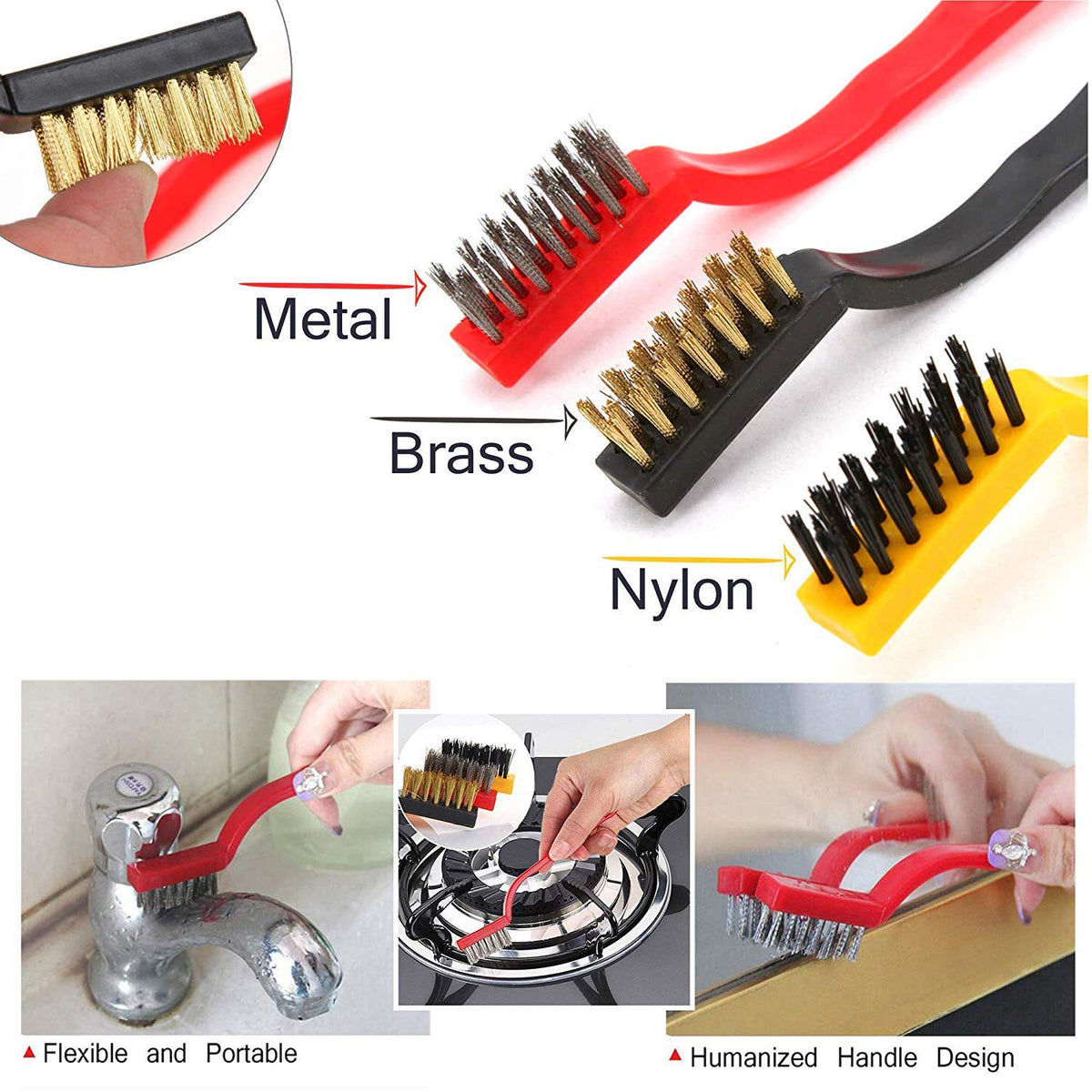 3pc  Mini Wire Brush Set Brass Nylon Stainless Steel Bristles Household Cleaning Brush For Gas Stove Smoke Machine Tool Burner Tiles Tap Rust Removal Welding Slag Dirt  Paint Scrubbing.