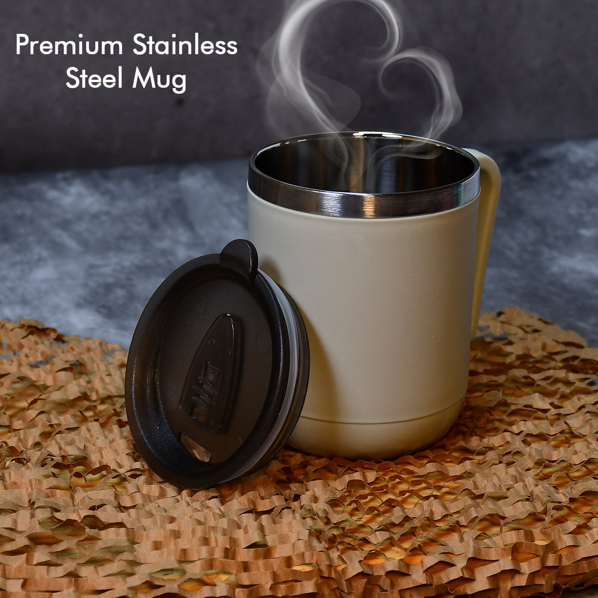 Ganesh Premium Stainless Steel Coffee Mug With Heat Resistant Mug Lid. Approx 400ml Mug.