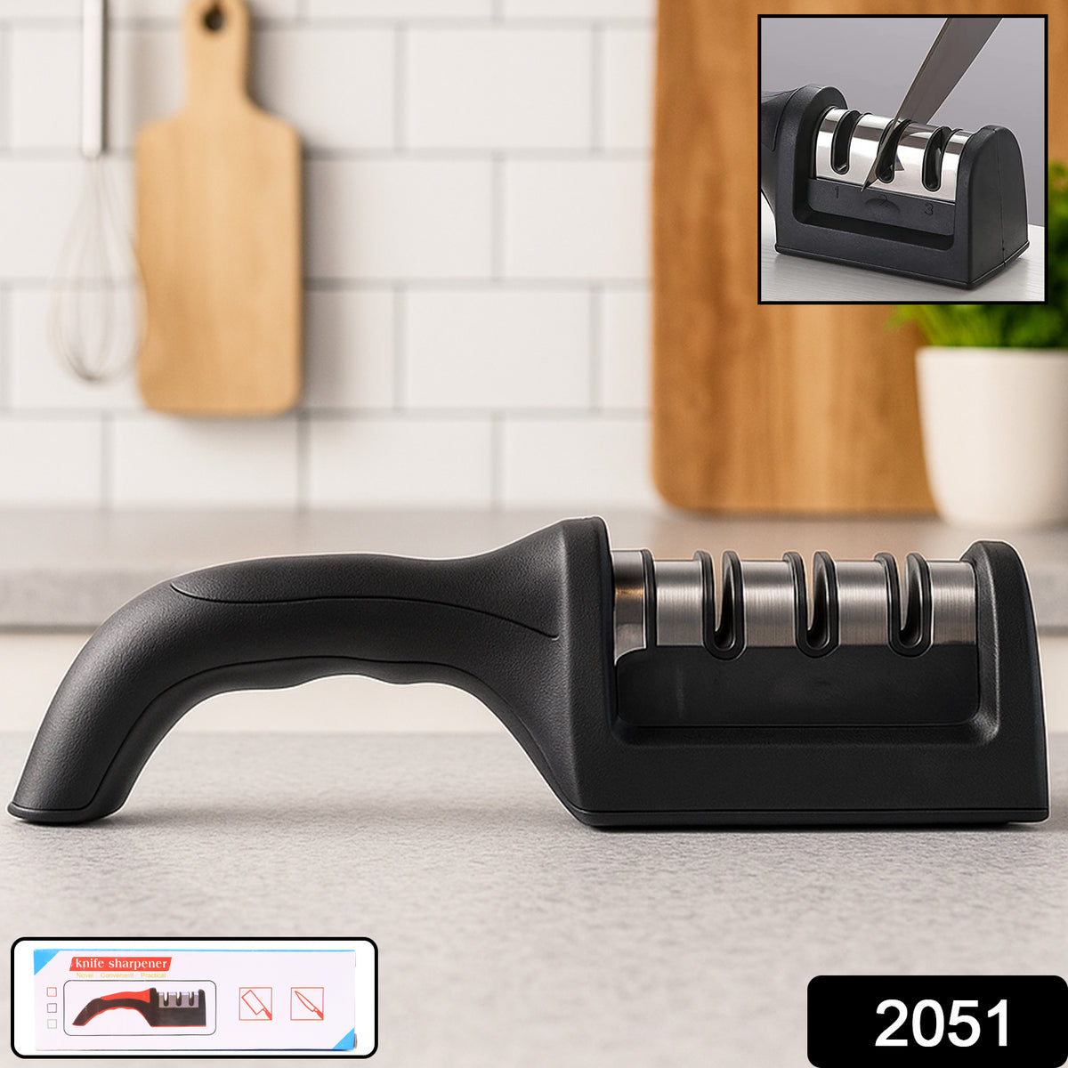Manual Red Knife Sharpener 3 Stage Sharpening Tool For Ceramic Knife And Steel Knives.
